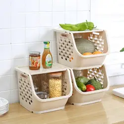 Storage Basket Stackable Carry Handle Hollow-design High Capacity Kitchen Vegetable Fruit Storage Rack Shelf Home Supplies