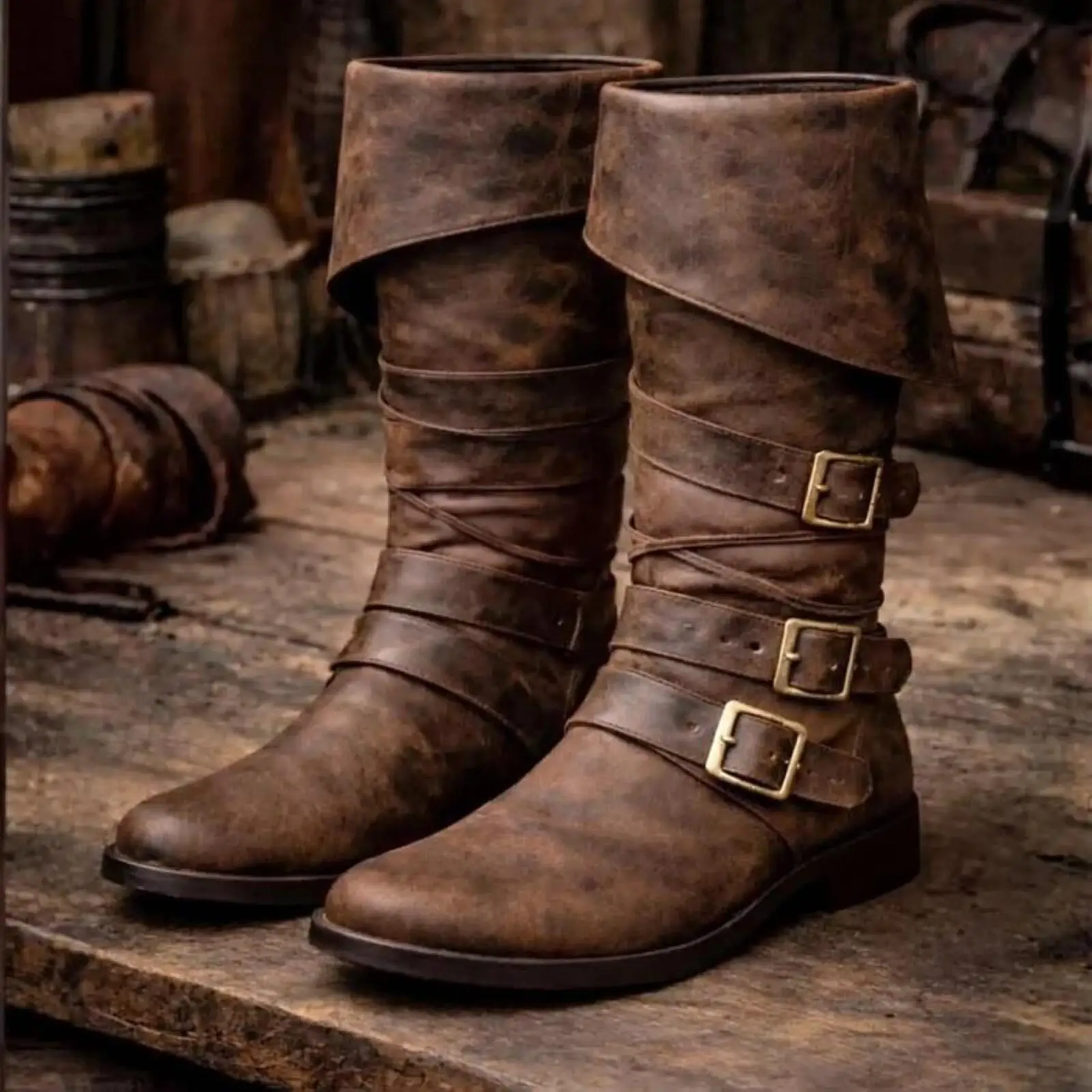 Vintage Distressed Leather Fold Top Knee Boots Medieval Pirate Captain Knight Renaissance Cosplay Boots For Halloween FancyDress