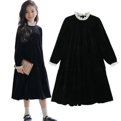 Girls Black Velvet Dress Teen Spring Autumn New Clothes Childrens Princess Fashionable Long Sleeve Cake Skirt 6 8 10 12 14 16 Y