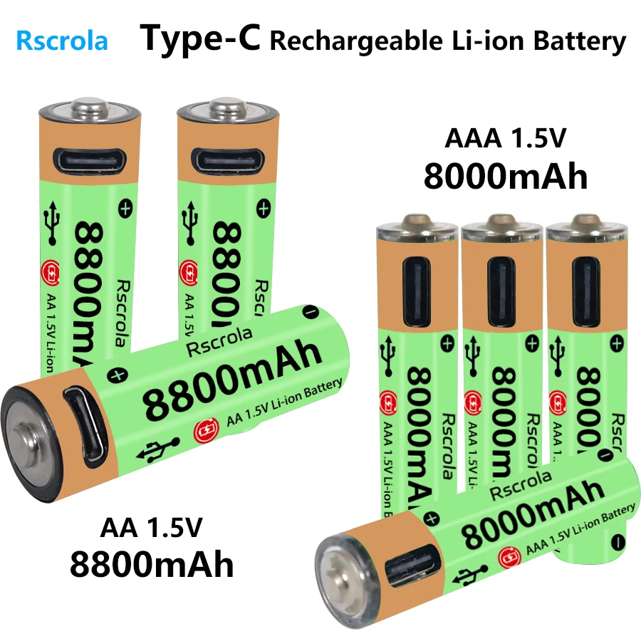 High-Capacity Type-C AA Battery and AAA Battery 1.5V Rechargeable Batteries for Mouse, Clock, Toys, Laptop, Toothbrushes, Shaver