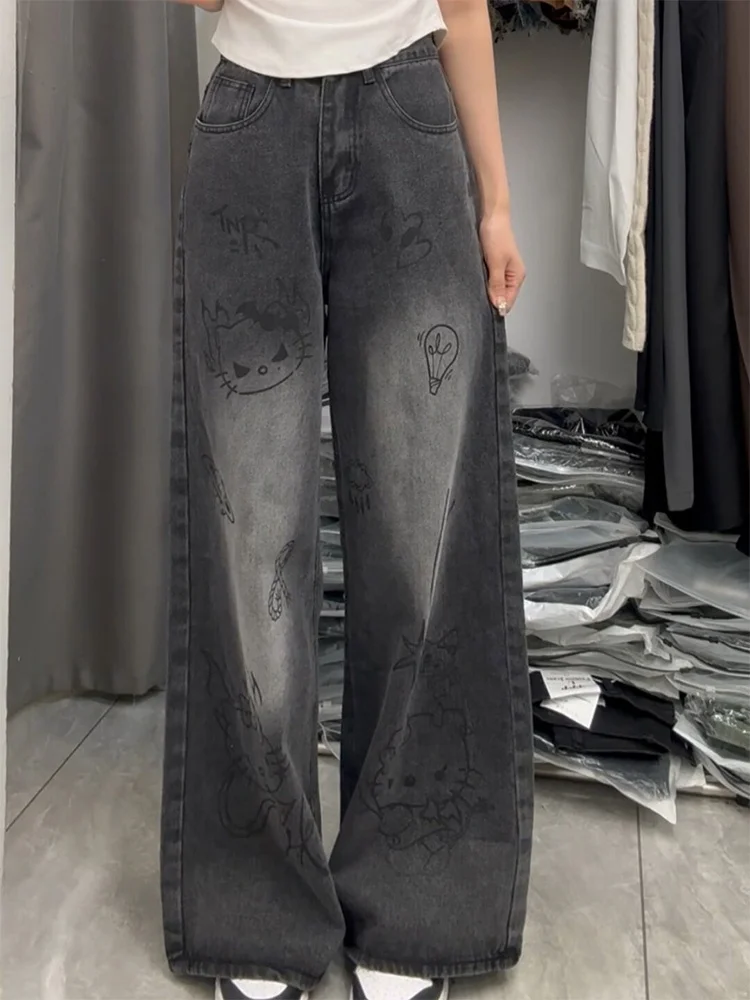 

American Retro Cartoon Jeans High Waist Loose Straight Leg Slimming Wide Leg Pants for Women Spring Autumn New Arrival