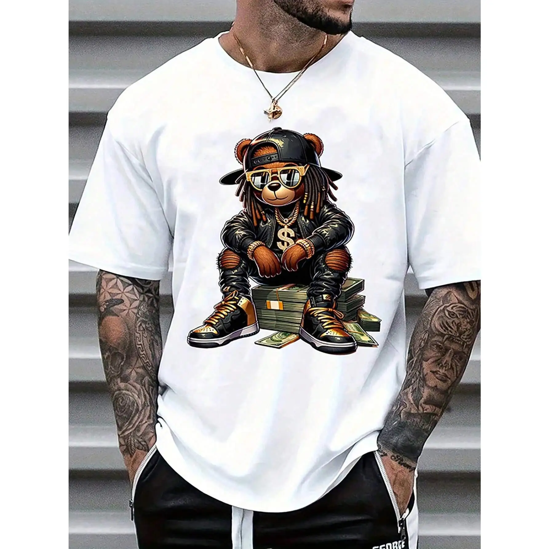 

Hip - Hop Inspired T - Shirt: Cool Bear Character with Bling, Dreads and Stacked Money for Urban Style