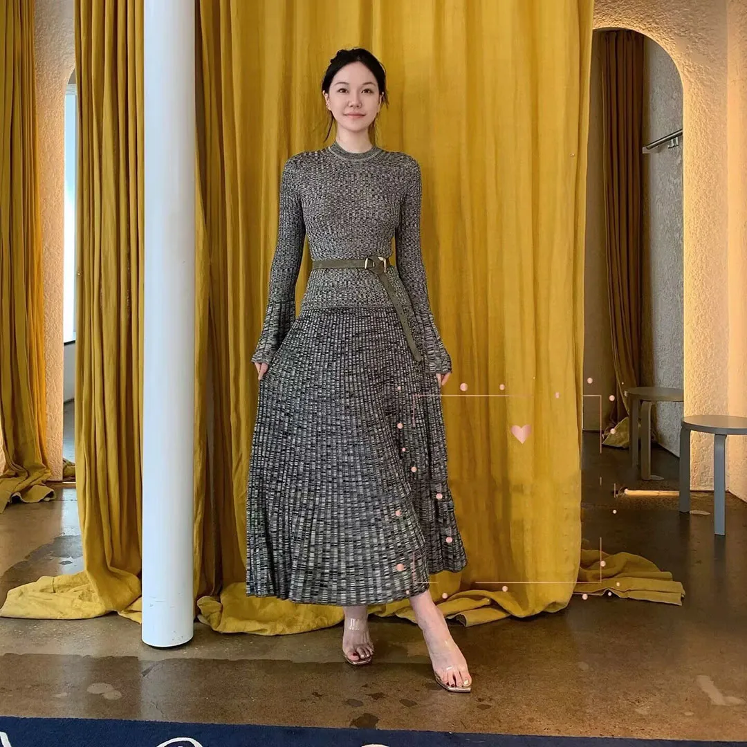 

Новинка 2023 года, осенние винтажные клетчатые жаккардовые вязаные крючком юбки с цветными блоками, женские эластичные тонкие элегантные длинные юбки с высокой талией