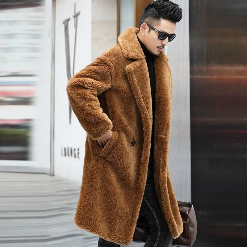 Warm Winter Men Leather Jacket Wool Long Alpaca Coat Fur Windbreaker Faux Fur Coat Windproof Outerwear Casual Fashion
