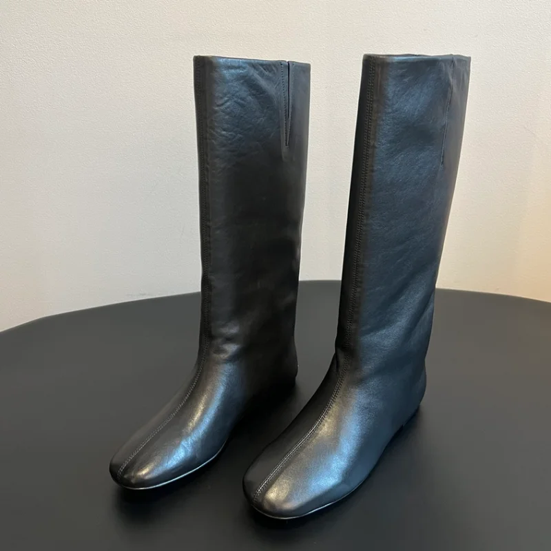 Sewing Lines Shoes for Ladies Square Toes Flat Heels Pleated Chassure Femme Real Leather Female Mid Calf Boots Solid Zapatos