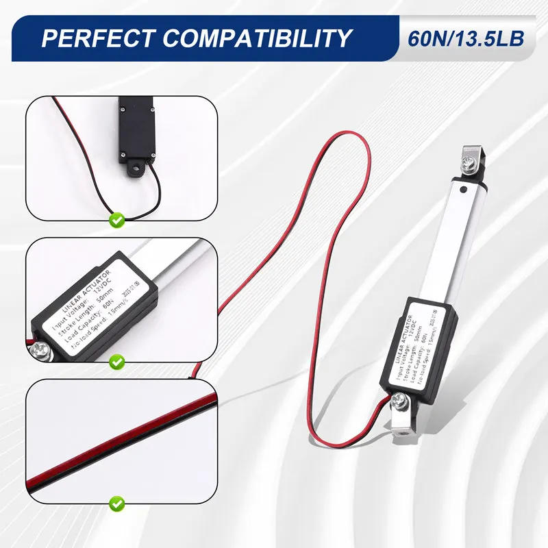 Микролинейный привод, ход 2 дюйма, 60 Н/13,5 фунтов, скорость 15 мм/с, мини-электрический водонепроницаемый привод, двигатель, линейный привод 12 В