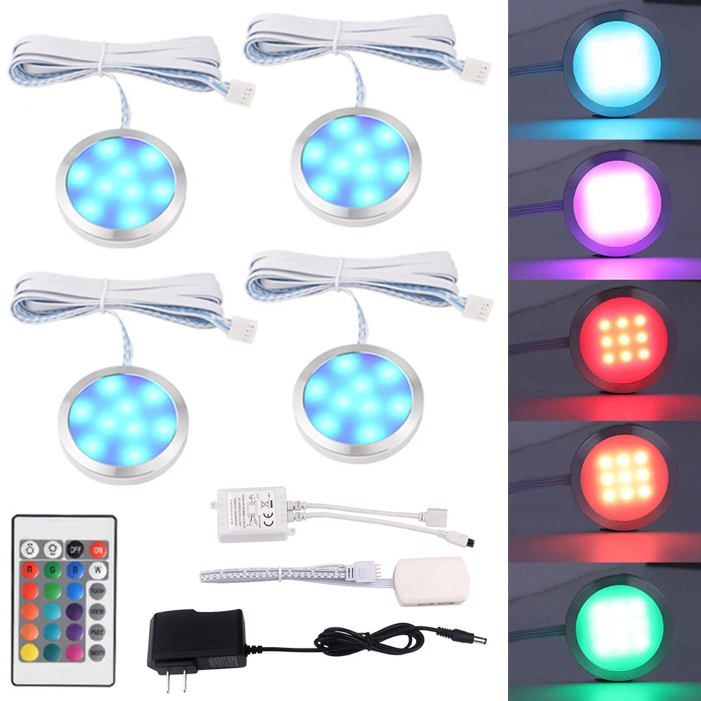 

RGB Under Cabinet Light DC12V Remote Control 16 Colors LED Puck Lamp Bedroom Closet Lights Kit for Home Wardrobe Cupboard Decor