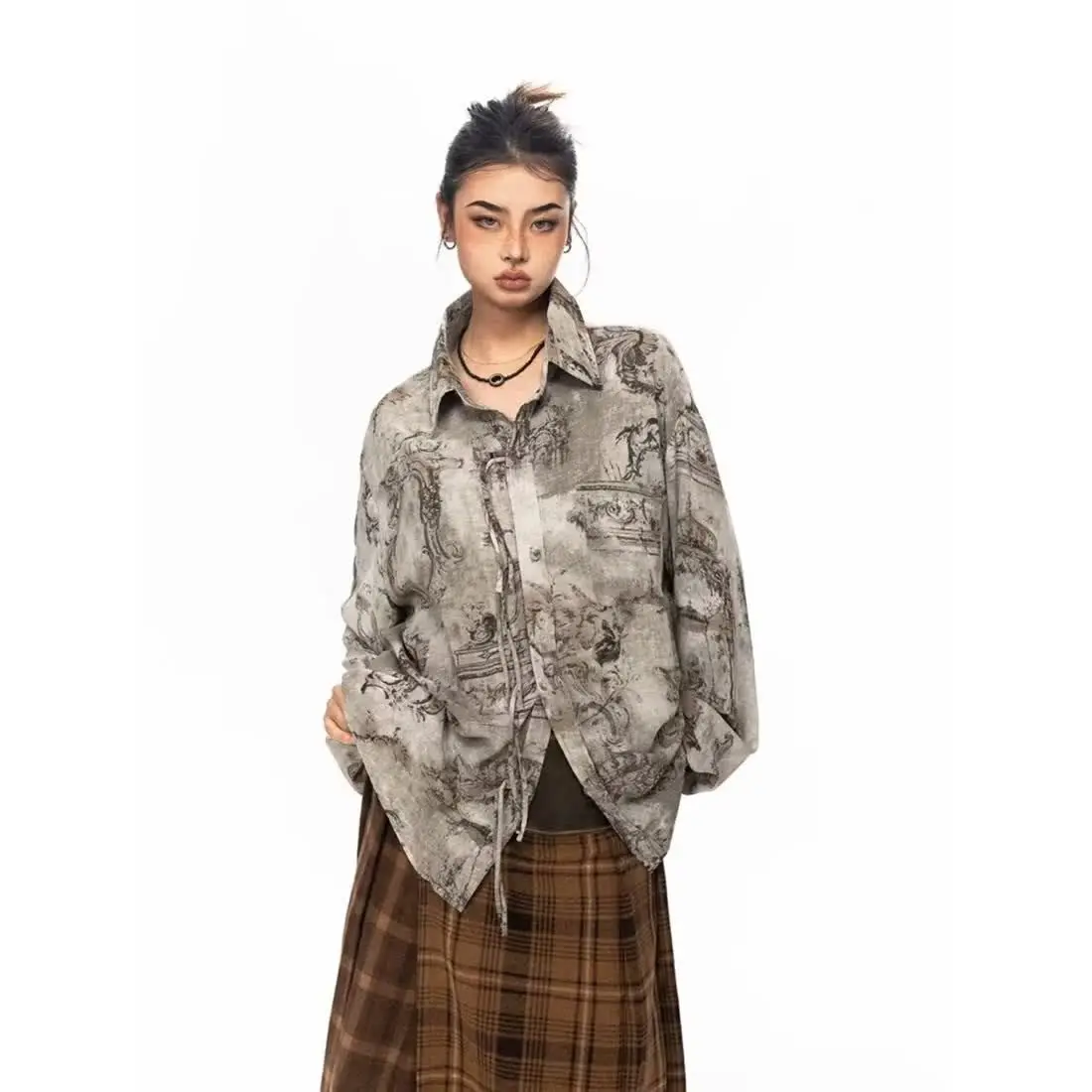 

Women's Oil Painting Single Breasted Buckle Long Sleeved Shirt Fashion Couple Top Clothes Female Retro Street Loose Shirt