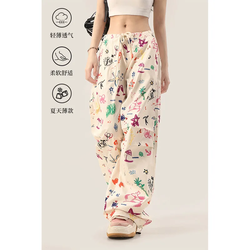 White Printed Work Pants For Women, Winter Thick Design, Niche Girls, Dopamine Loose Casual Wide Leg Pants