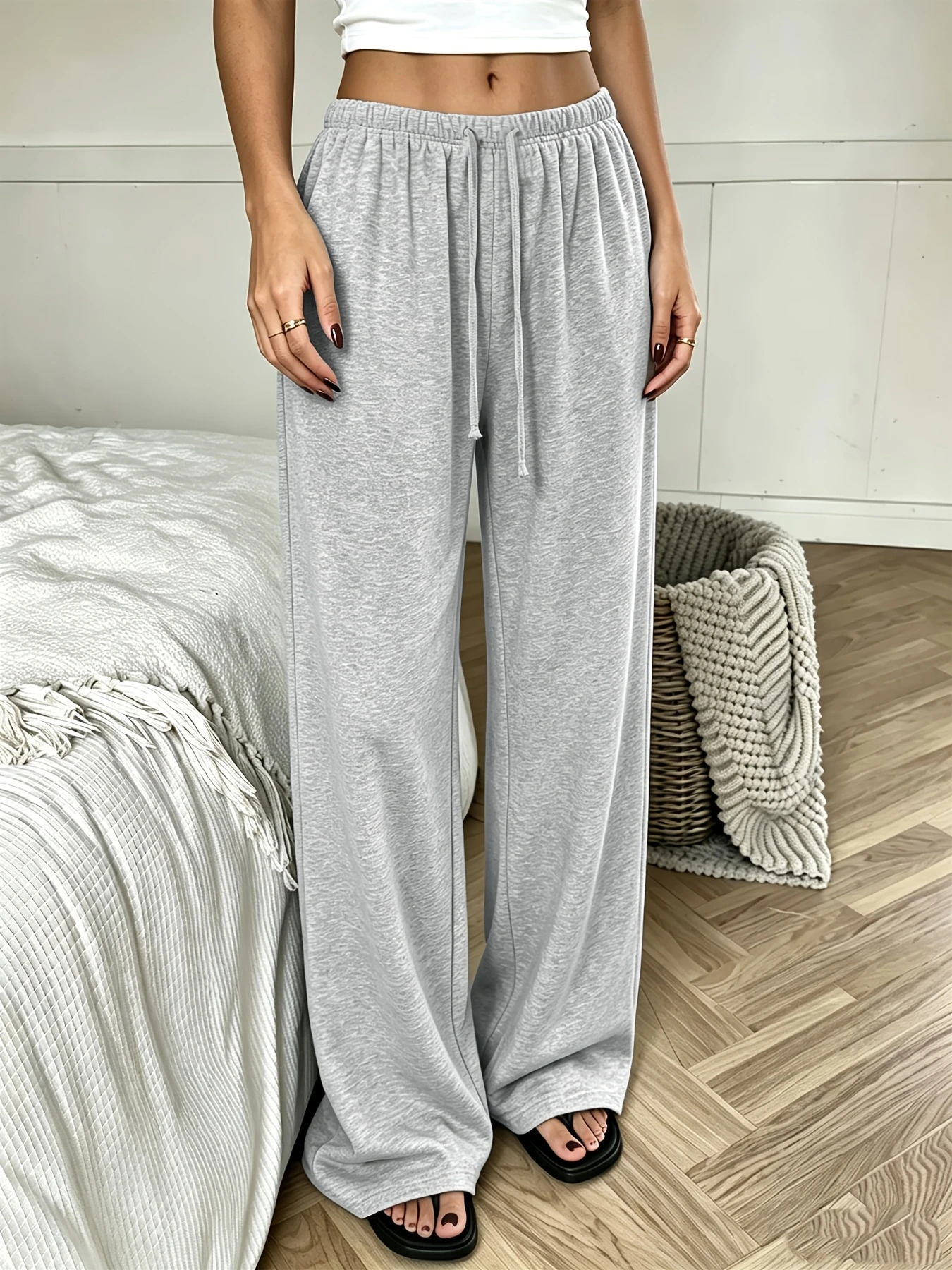 Fashion Low-Rise Elastic Waist Pocket Loose Wide-Leg Pants, Drapey Fitness Casual Yoga Trousers Full Length Women