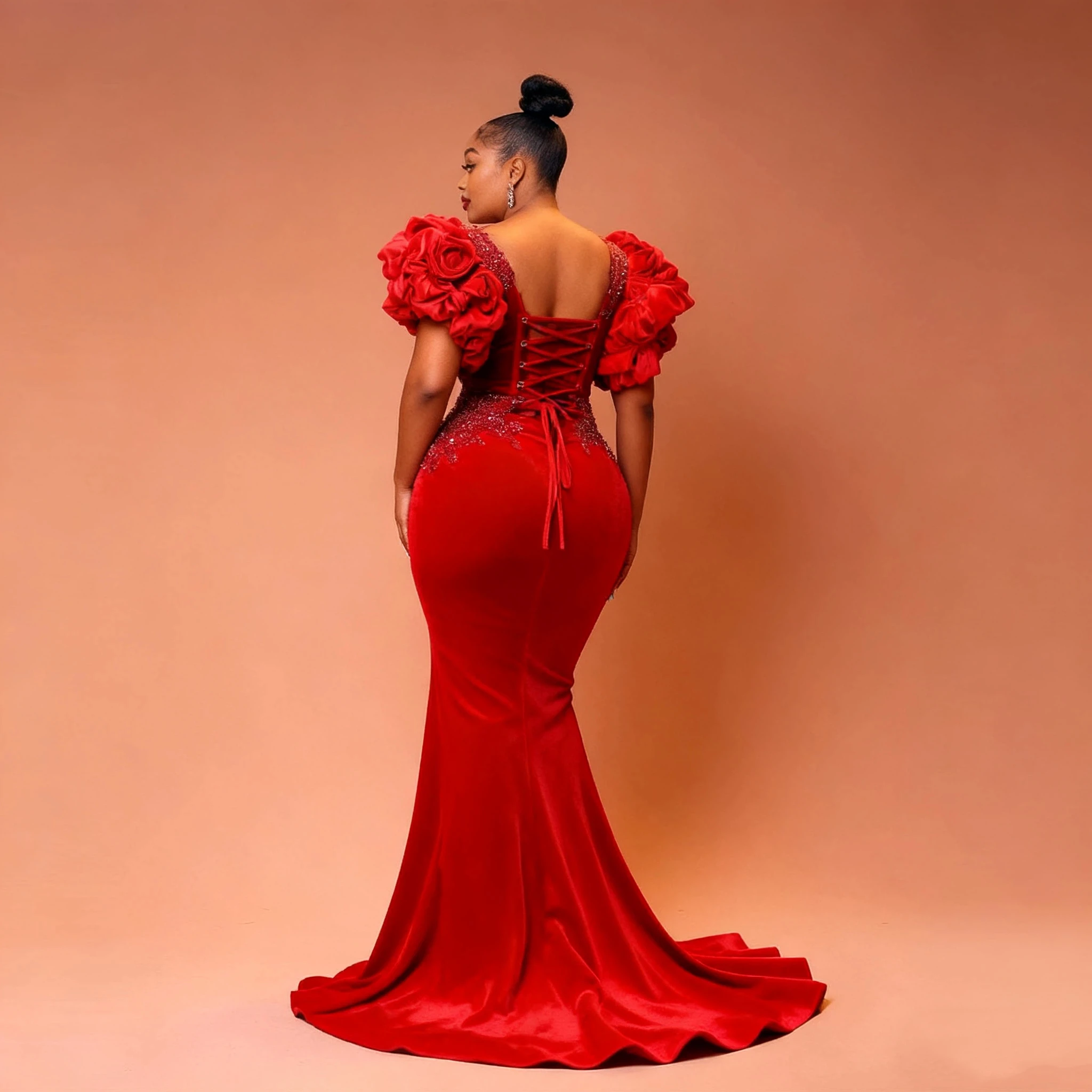 Lussuoso abito da sera per feste con perline in pizzo a sirena rossa africana 2026 Abito da ballo per occasioni formali piegato con scollo rotondo sexy personalizzato