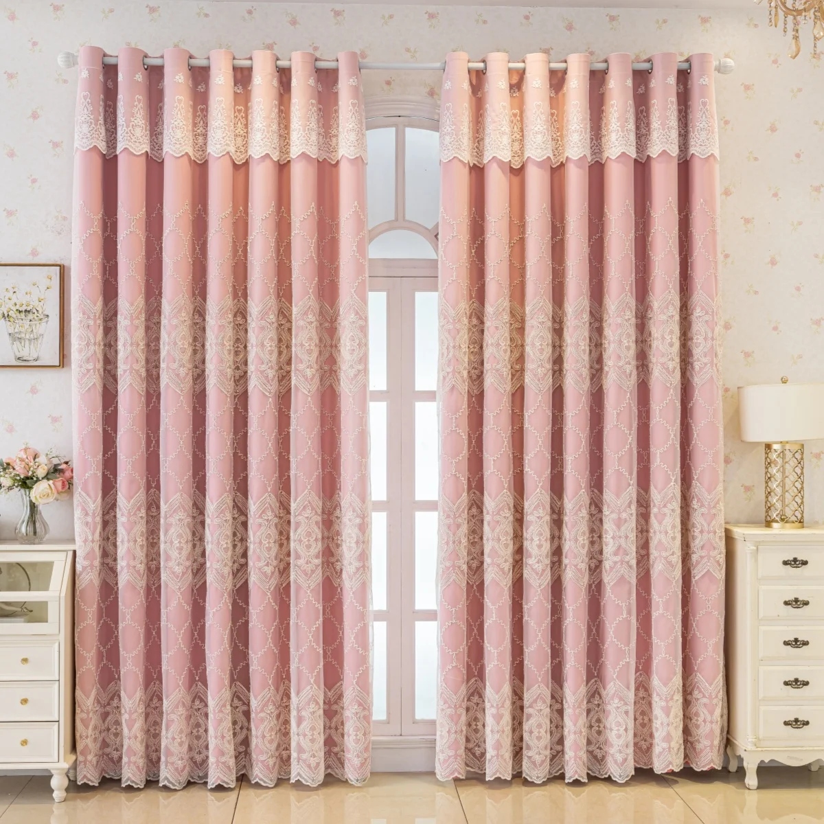 High Light Blocking Embroidered Curtain, Sunshade Transparent Dual Layer Integrated Valance, Balcony UV Protection Dustproof, Li