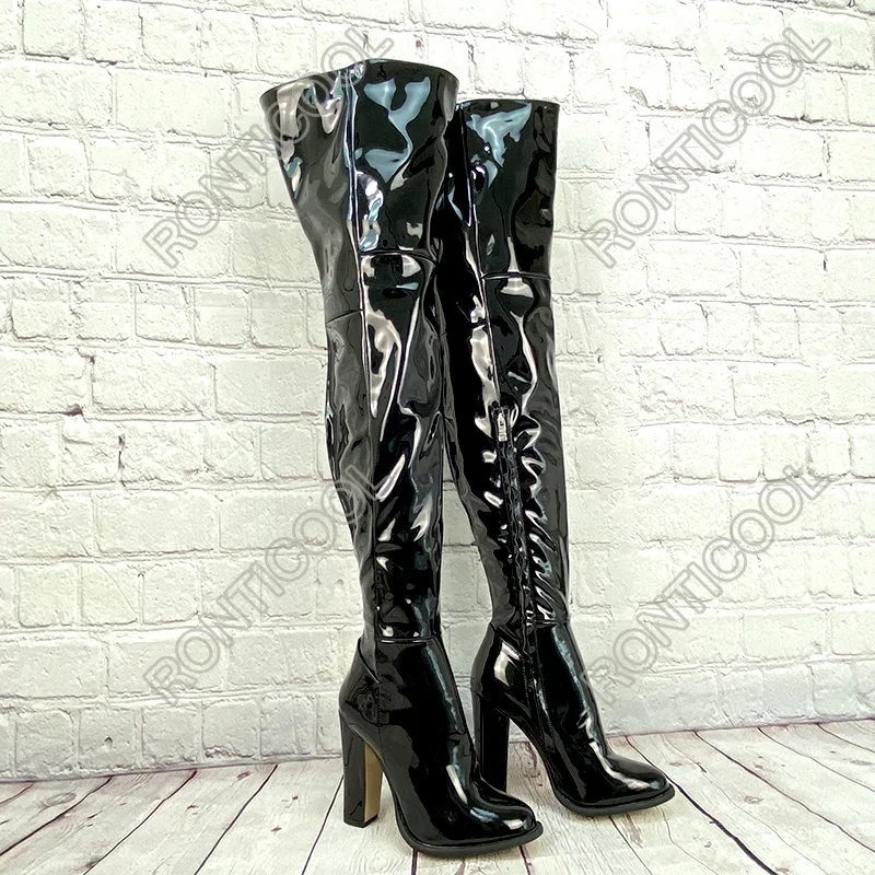 Ronticool Handmade Women Winter Thigh Boots Glossy Half Side Zipper Chunky Heels Round Toe Black Club Shoes Women Us Size 5-15