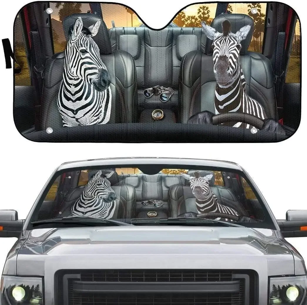 Zebra A Ride Into The Forest Left Hand Drive Car Sunshade, Zebra Couple Driving at Sunset Auto Sun Shade, Zebra Wild Animal Driv