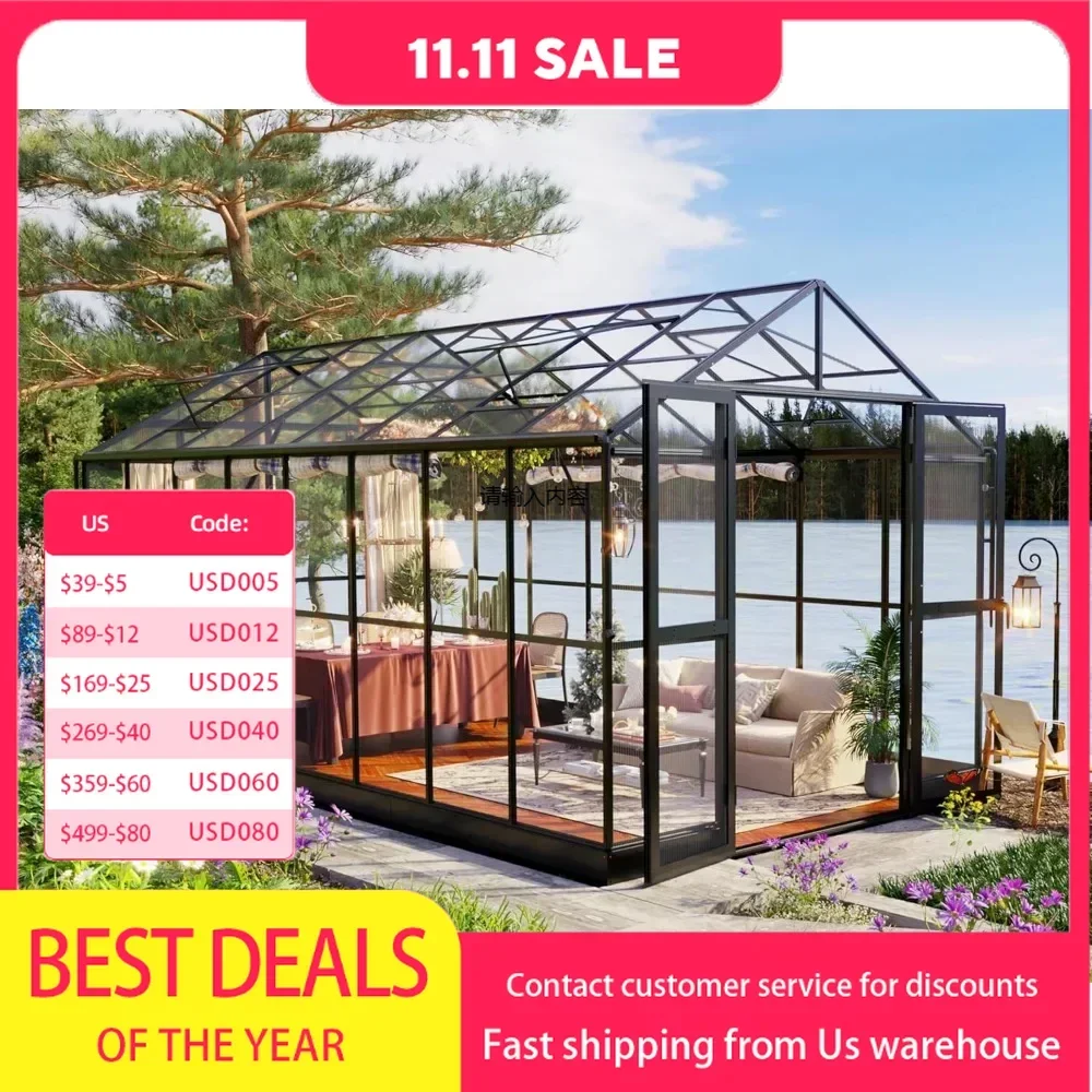 

Greenhouses ，8x16x7.5 FT Greenhouse - Outdoor Aluminum Polycarbonate Greenhouse With Ventilation And Rain Gutter, 2 Sw