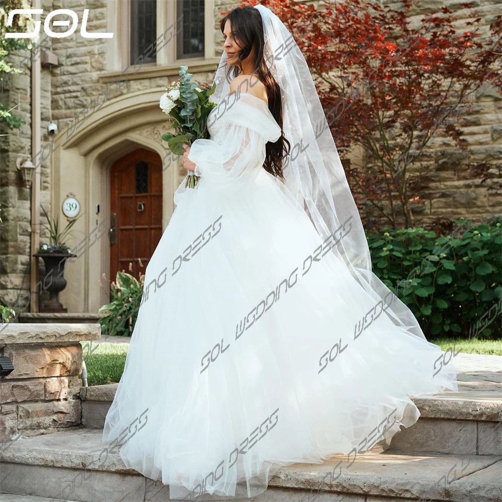 Sol splendido abito da sposa in Tulle con scollo a cuore con spalle scoperte eleganti maniche a sbuffo abito da sposa a trapezio Robe De Mariee