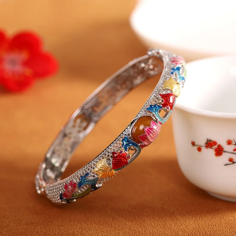 S925 Sterling Silver Bracelets for Women New Fashion Palace Style Hollow Goldfish Mellite Red Agate Enamel Bangle Wholesale