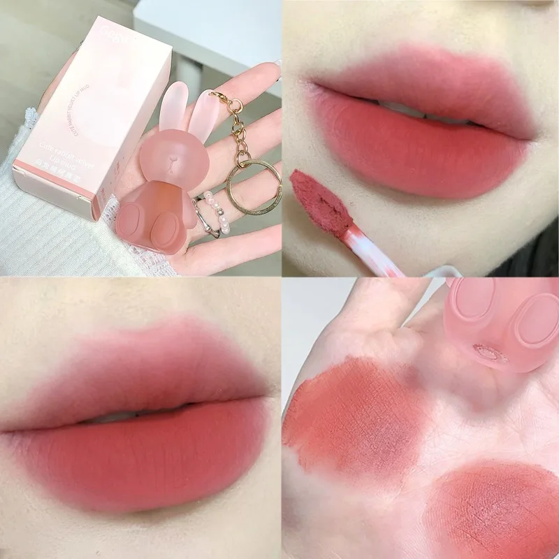 Cute Rabbit Keychain Matte Lip Gloss 6 Colors Non-stick Cup Velvet Nude Lip Mud Makeup Waterproof Lasting Smooth Lips Cosmetics