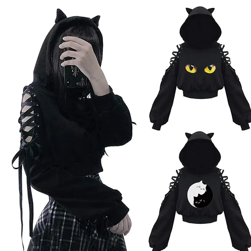 

2023 Women Long Sleeve Hoodies Kawaii Cat Ears Hoodie Gothic Punk Harajuku Cold Shouler Bandage Gothic Black Sweatshirts