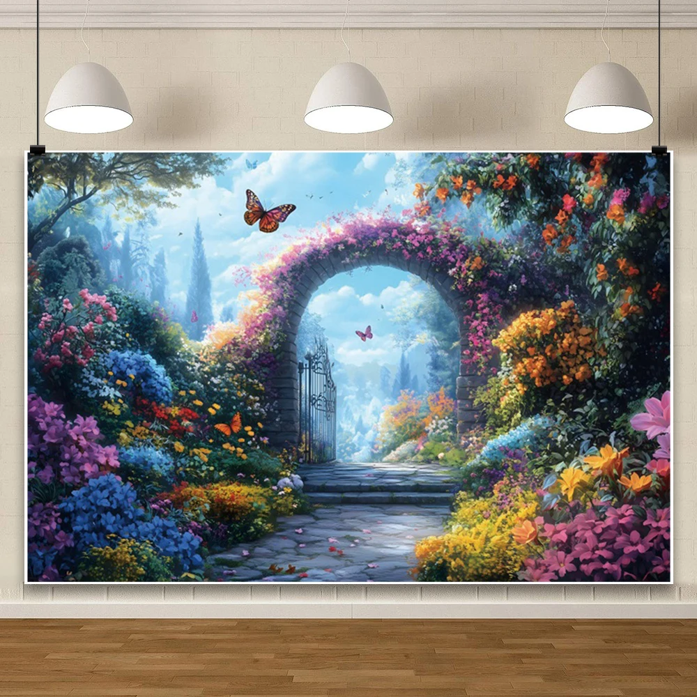 Fantasy Castle Jungle Photography Background Garden Butterfly Pathway Flower Arch Plant Baby Birthday Backdrop Photo Studio Prop