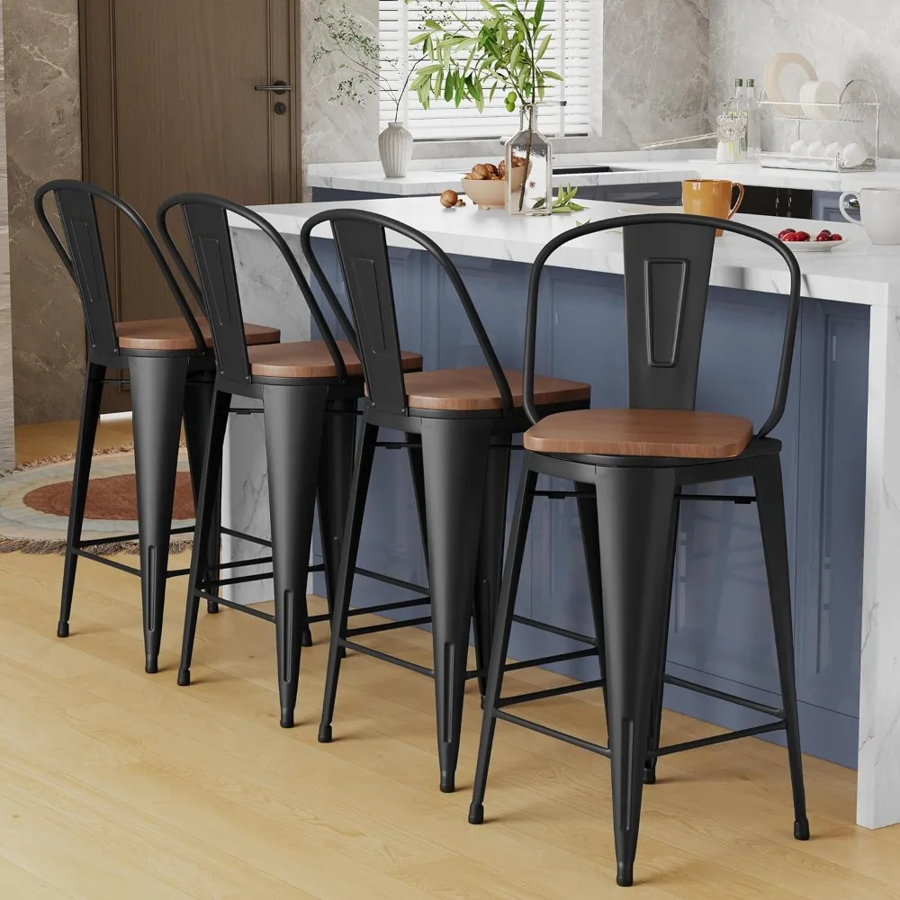 

24" Swivel Metal Bar Stools Set of 4 High Back Counter Height Barstools Industrial Dining Bar Chairs with Large Wooden Seat