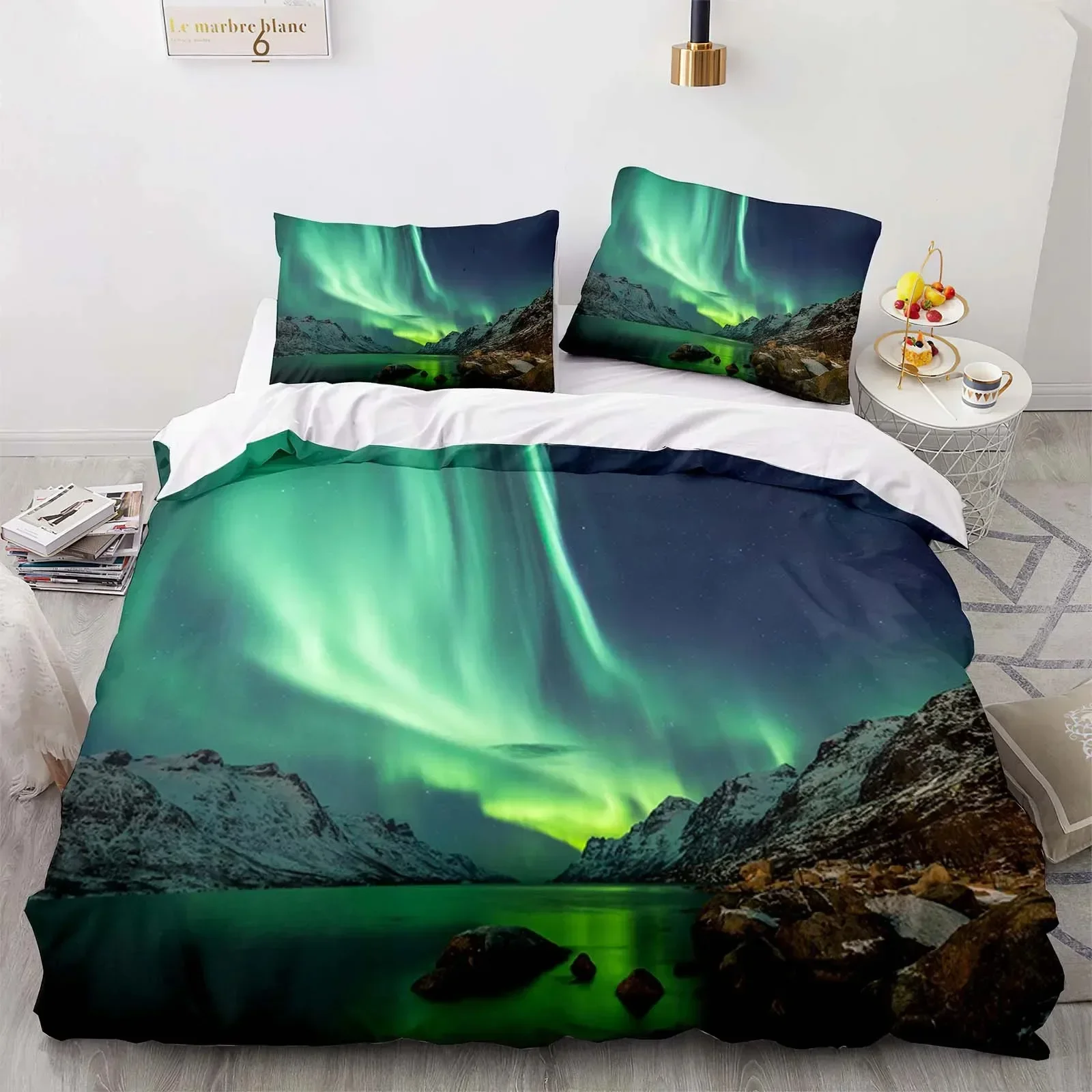 Mountain Aurora Bedding Set Romantic Galaxy Landscape Bedclothes Single Double Queen  Twin Full Size Duvet Cover Women Bed Linen