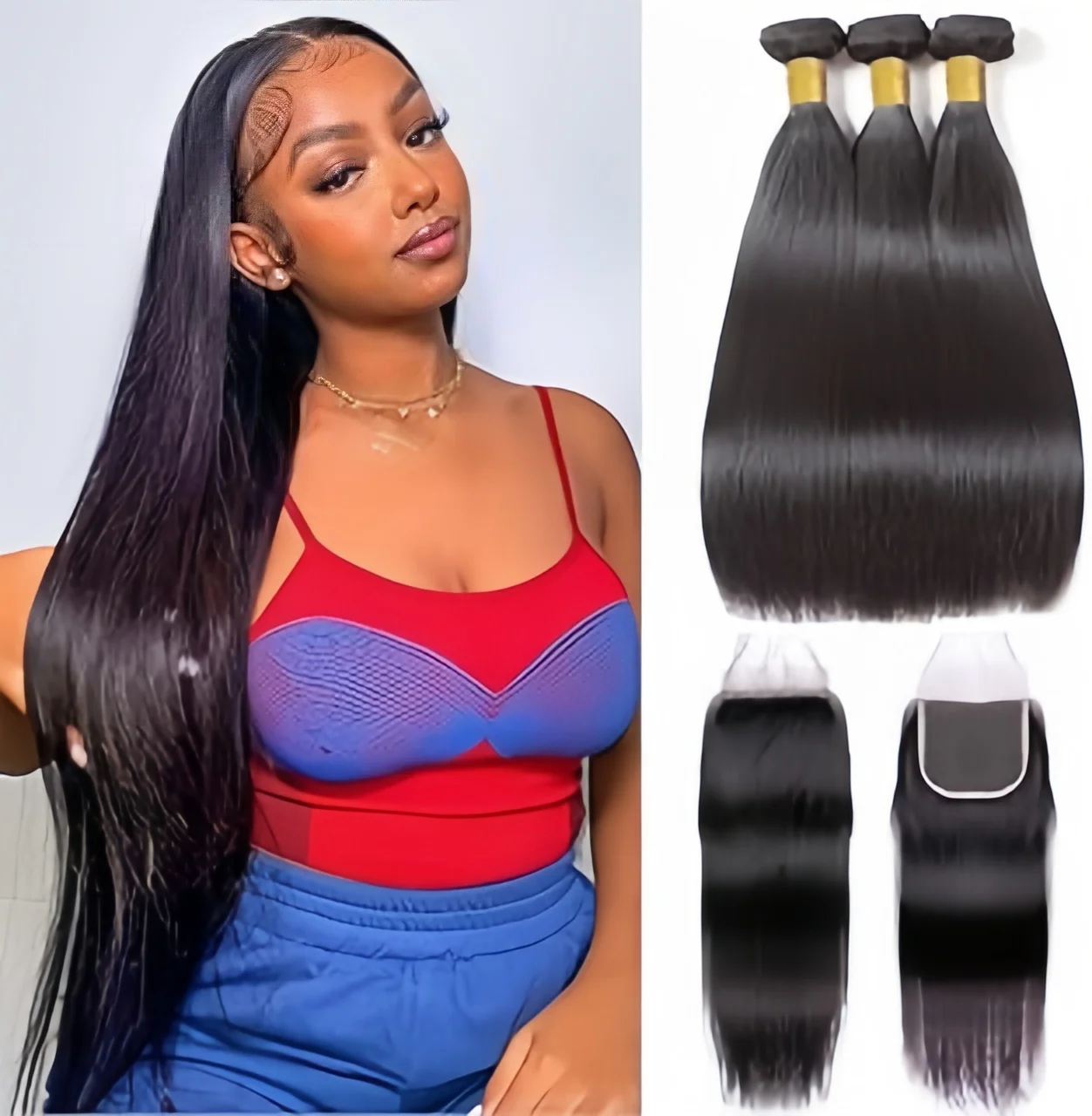 

Straight 3 Bundles With 4x4 Closure 100% Human Hair Extensions Vietnamese Hair 30Inch Bundles With Frontal Natural Color Hair
