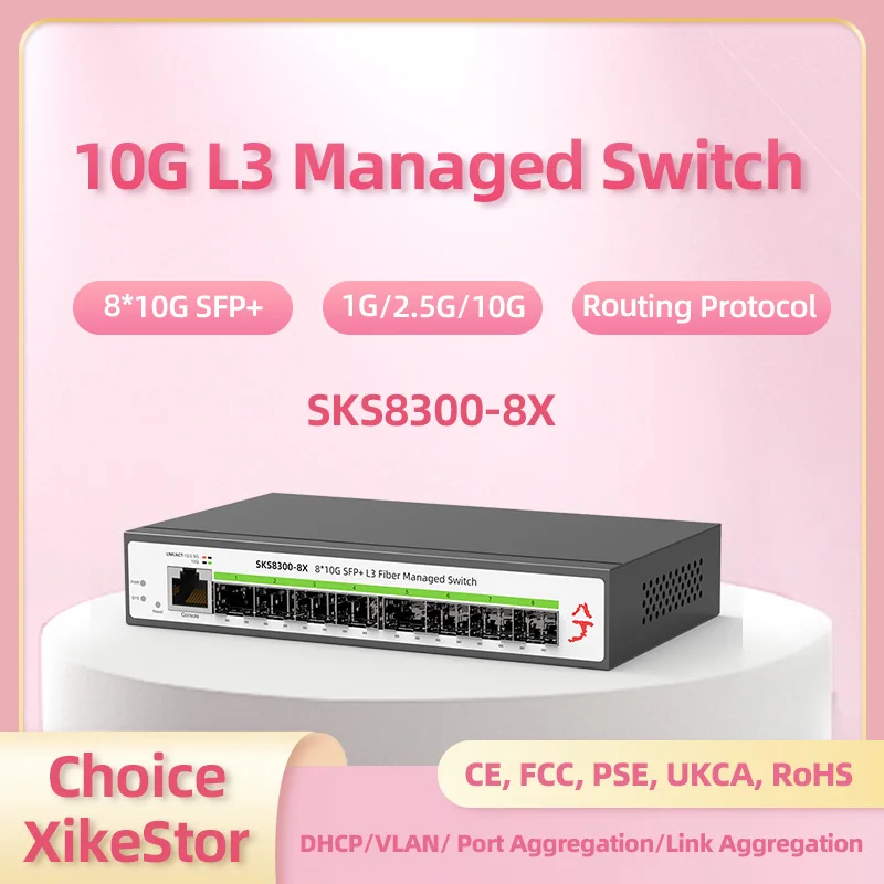 

XikeStor 10G L3 Managed Switch 8 Ports 10G SFP+ Ethernet Switch CLI/WEB Support DHCP/VLAN/ Port Aggregation/Link Aggregation