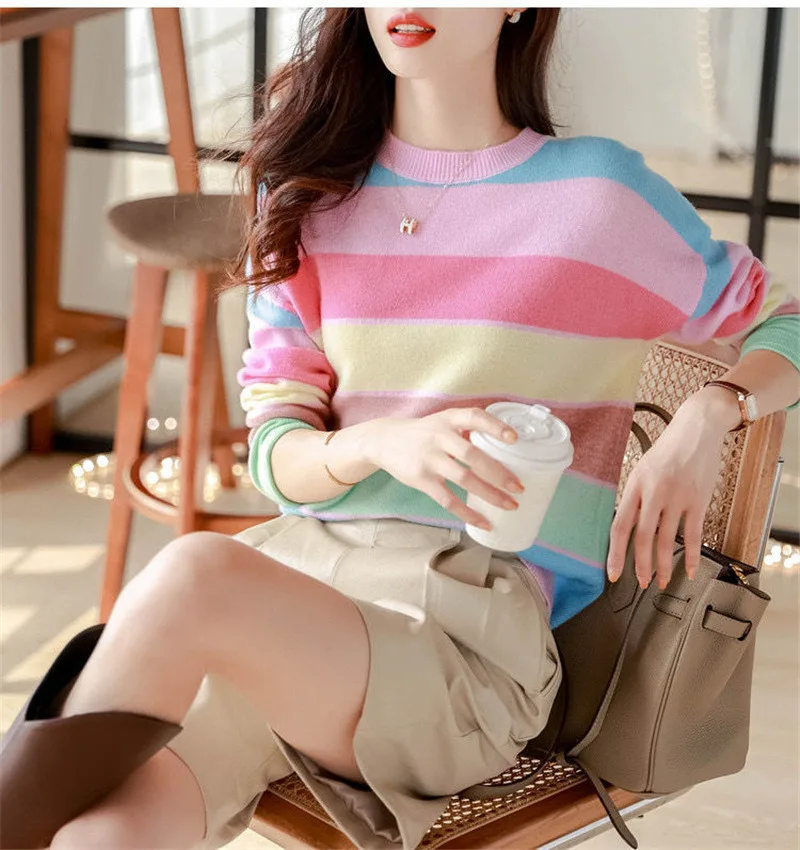 Rainbow Striped Round Neck Slim Sweet Korean Knitwear Women Spring Autumn Casual Long Sleeve Pullover Tops Chic Knitted Sweaters