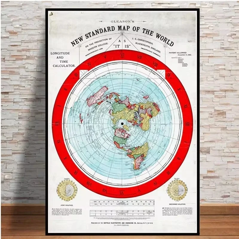 Póster e impresiones 1892 mapa de la tierra plana mapa del mundo de la película pintura moderna cuadros de pared para sala de estar decoración de colección del hogar