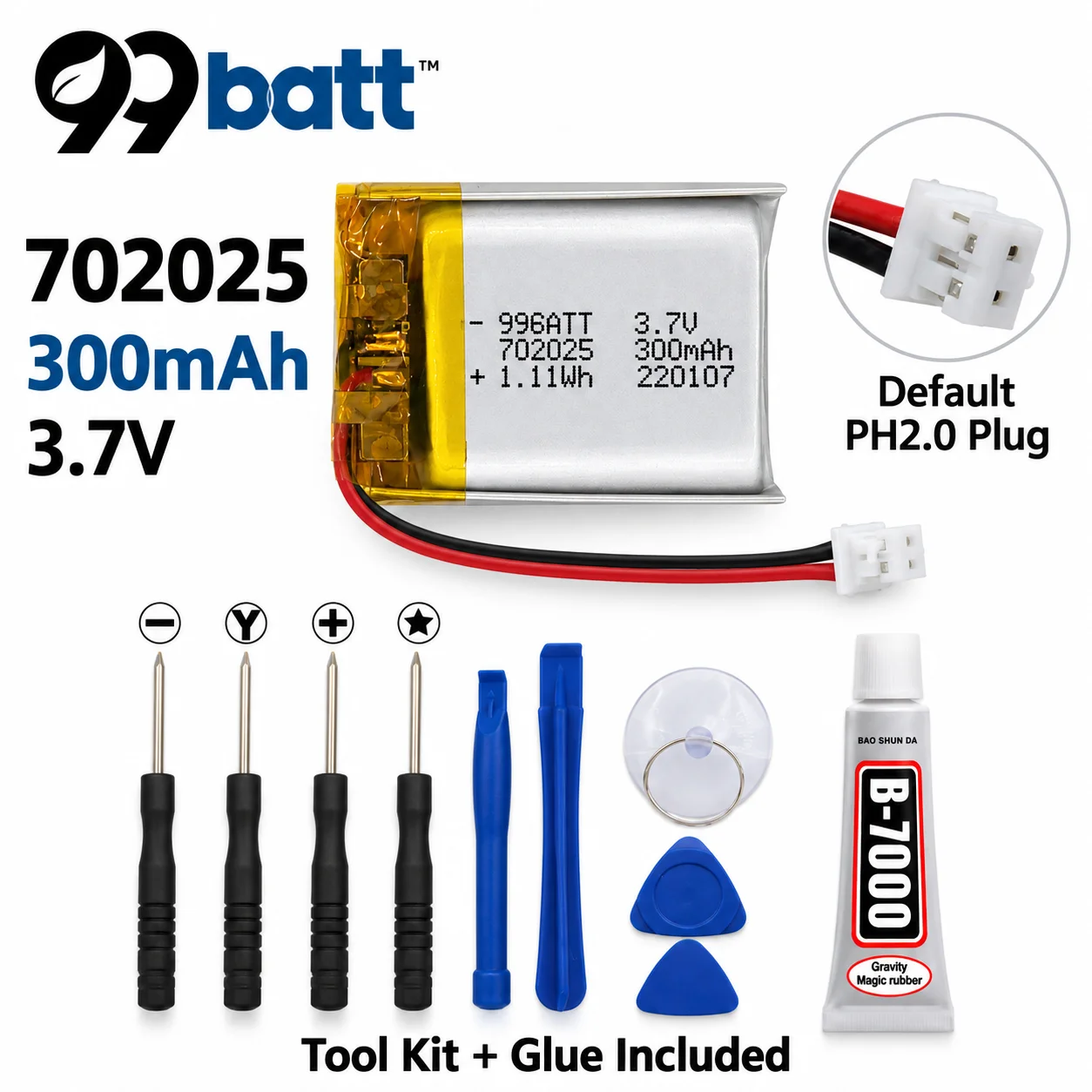 99batt 702025 3.7V 300mAh LiPo Polymer Lithium Battery Rechargeable PH2.0 Plug for GPS Bluetooth Audio LED Toys DIY Electronics