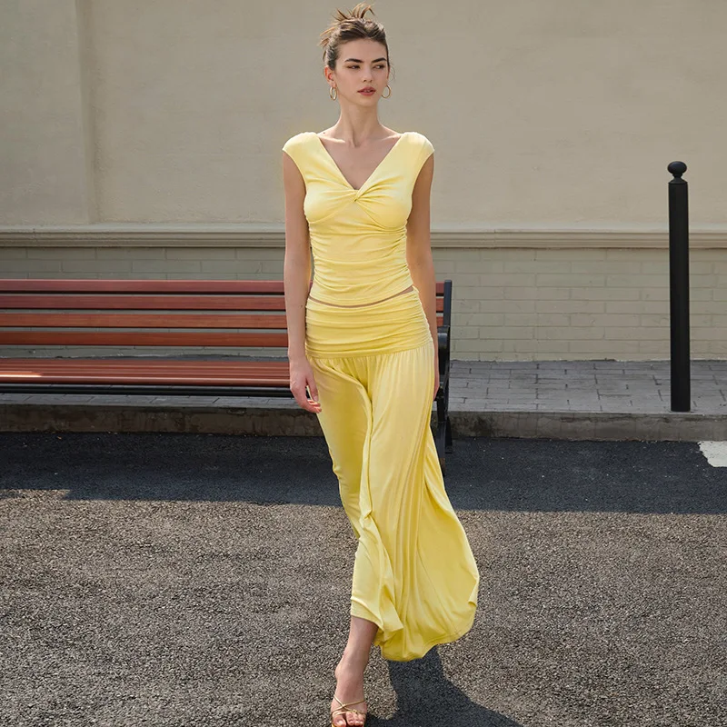 

Модный костюм с v-образным вырезом, женский топ без рукавов с v-образным вырезом и макси-юбка, одинаковые комплекты, женский элегантный плиссированный комплект из двух предметов