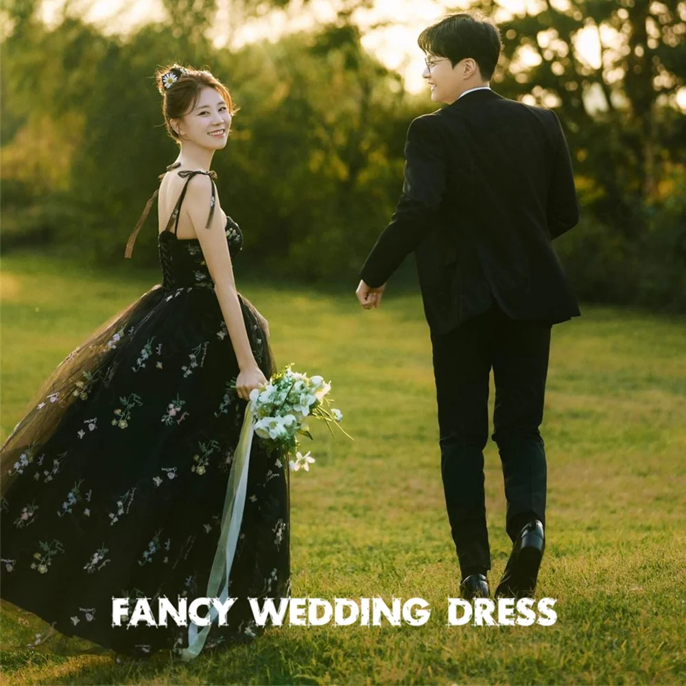 Fancy Fairy Black Flower Tulle Wedding Dress Korea Photo Shoot Square Neck A Line Bridal Gown Sleeveless 웨딩드레스 Custom Made