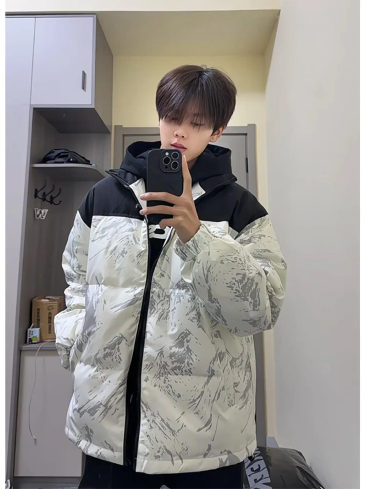 

Men's Winter Duck down Jacket Camouflage Splicing Color Block Stand Collar Bread Style Warm Couple Cotton Outerwear Coat