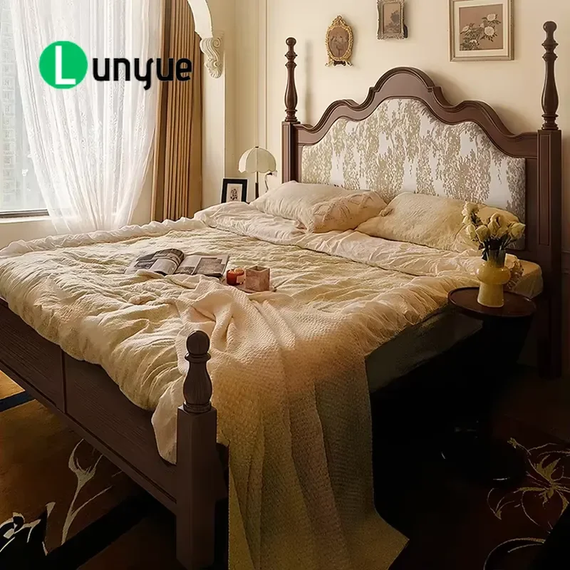 French Vintage Printed Padded Bed Cream Century Solid Wood Walnut Color Elegant Master Bedroom Large Wedding Bed