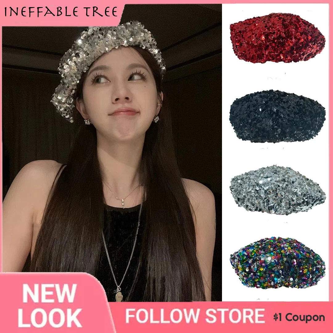 

INS Sequins Hat Shiny Costume Jazz Glitter Dance Beret Round Cap Ladies Accessories Lady Costume Stretch Party Bonnet Gorras