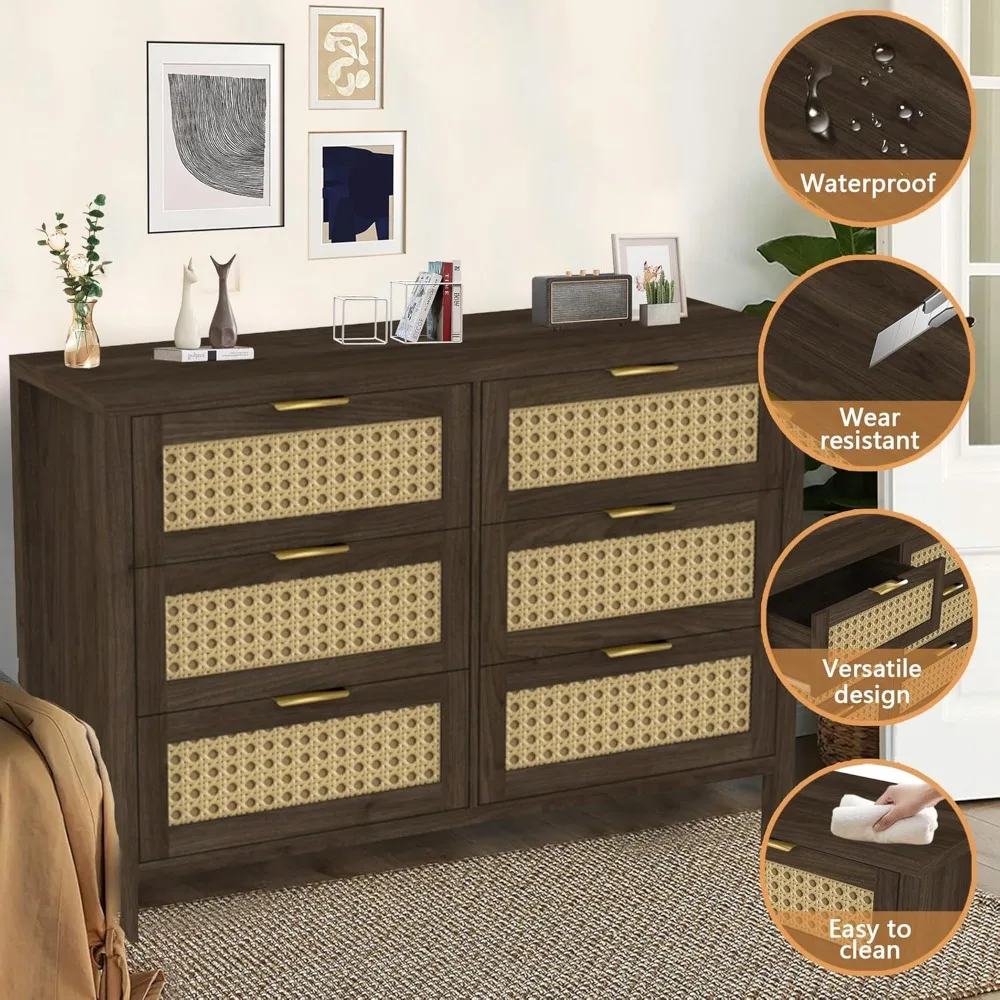 خزانة بلوط أنيقة ذات 6 أدراج مع مقابض ذهبية لغرفة النوم والممر