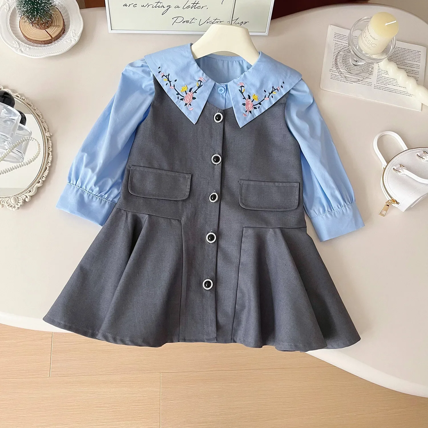 2024 Baby Girls Spring Autumn Clothing Set Embroidery Tops Shirts Blouses+sleeveless Dress Fashion Kids Children 2pc Clothes