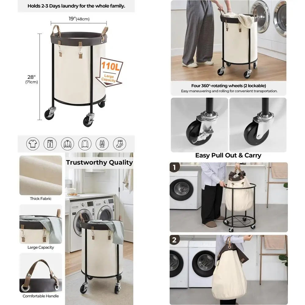 

Beige 110L Rolling Clothes Hamper with Wheels, Steel Frame, Removable Bag, 4 Casters, 2 Brakes