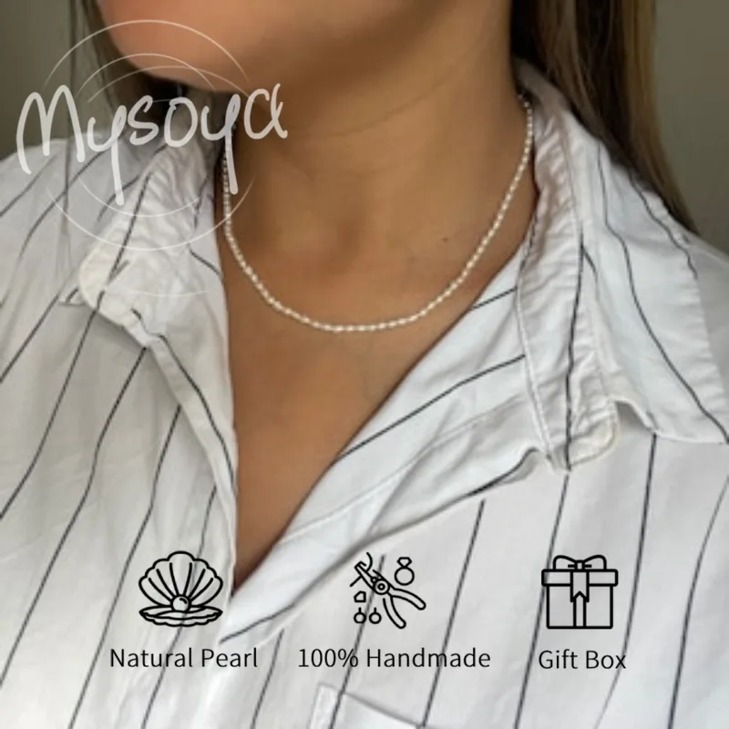 

MYSOYA White Rice-Shaped Freshwater Pearl Necklace 3-4mm With Gift Box, For Her, Birthday/Wedding/Christmas/New Year Gift