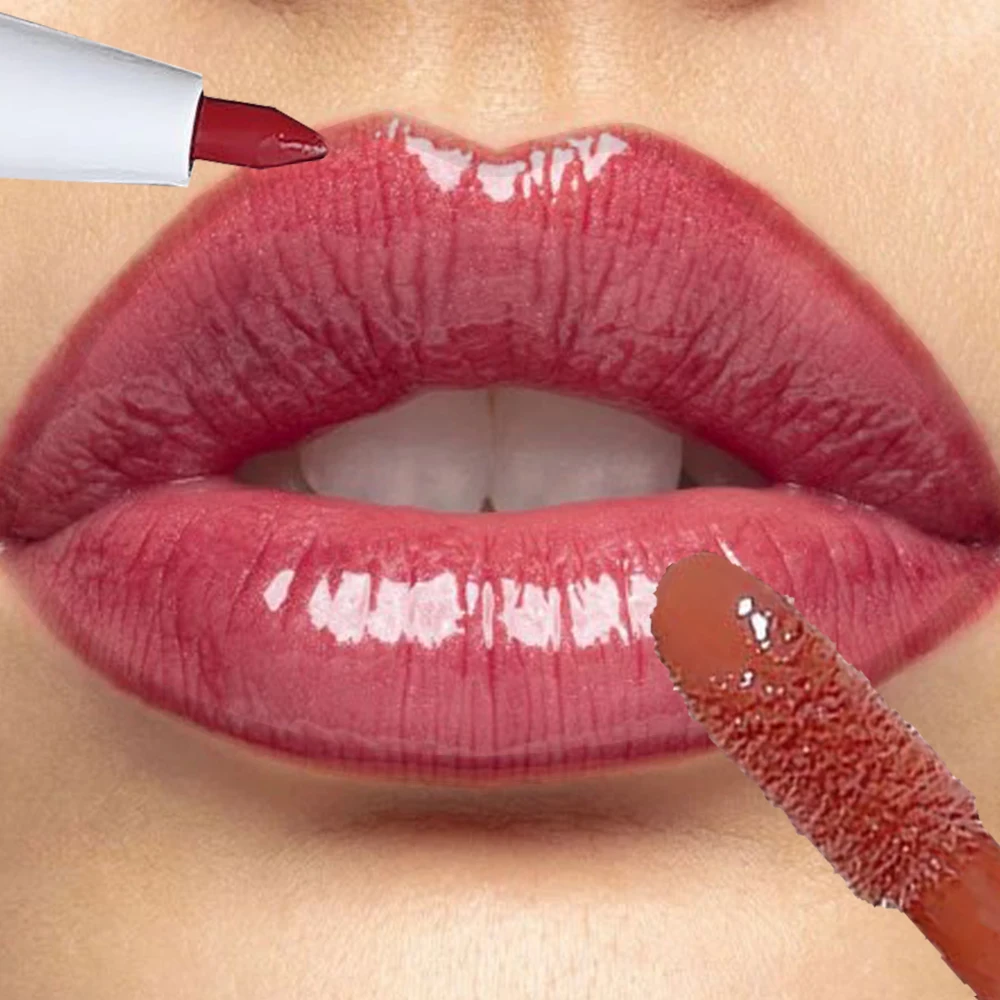 Dubbelzijdig Lipglazuur Lipliner 2 In 1 Gelei Water Glanzend Spiegelglas Plumping Lipgloss Niet Plakkerig Langdurige Lippenstift Make-Up