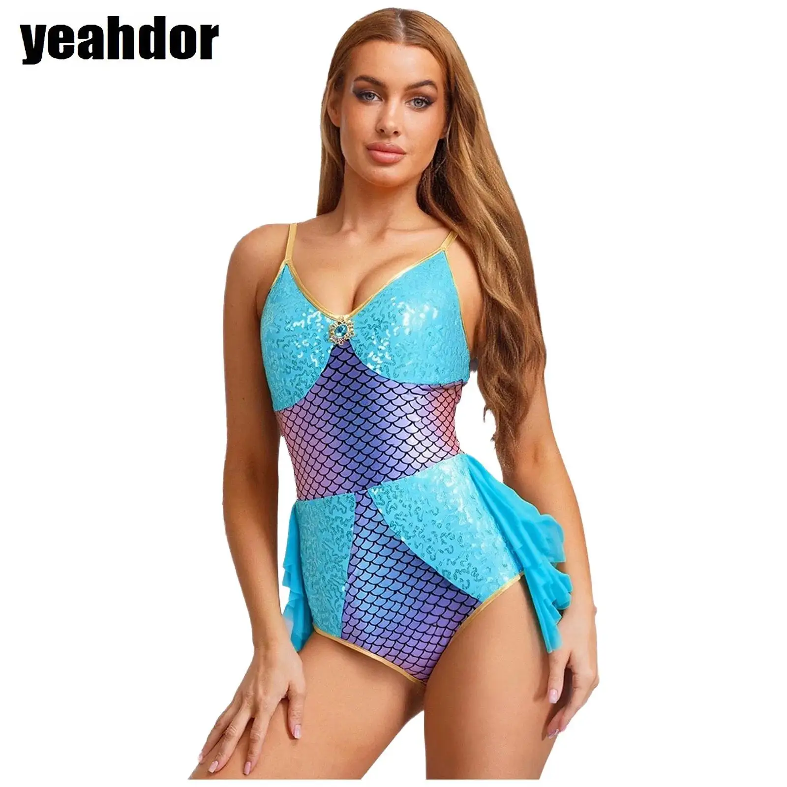 

Women Mermaid Costume Mermaid Fish Scale Print Gymnastics Leotard Jumpsuit Rhinestone Ruffle Mesh Sequin Metallic Shiny Bodysuit