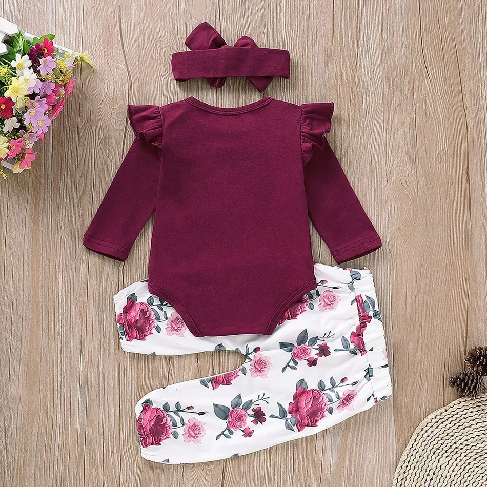 Baby Clothes Baby Girl Clothes Set Newborn Infant Toddler Girls Long Sleeves Romper Tops+ Floral Pants+ Headbands Set Outfits