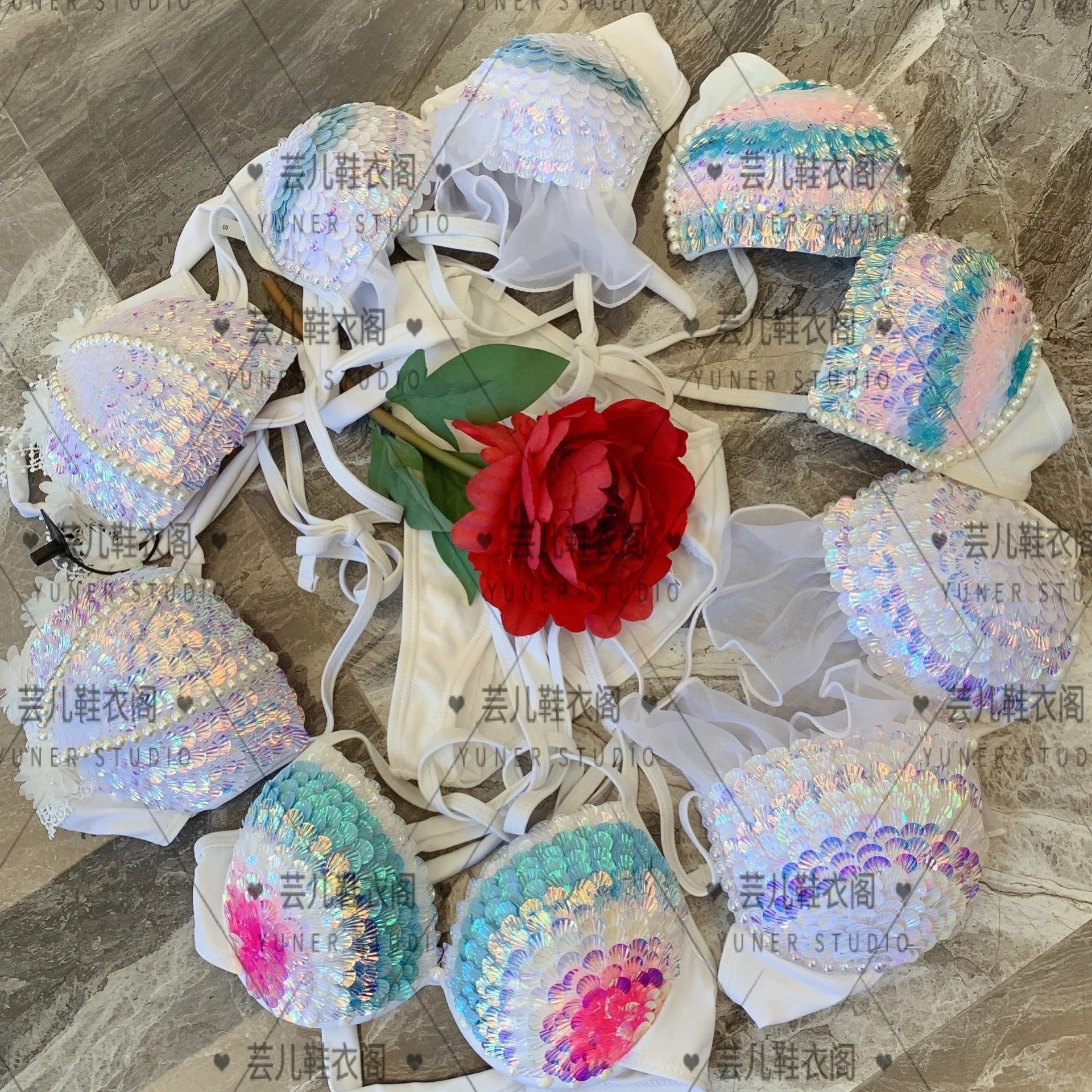 Hand-Stitched Floral Sequin Corset Mermaid Top Sequin Corset For Oceanarium Performance Electric Festival Bikini