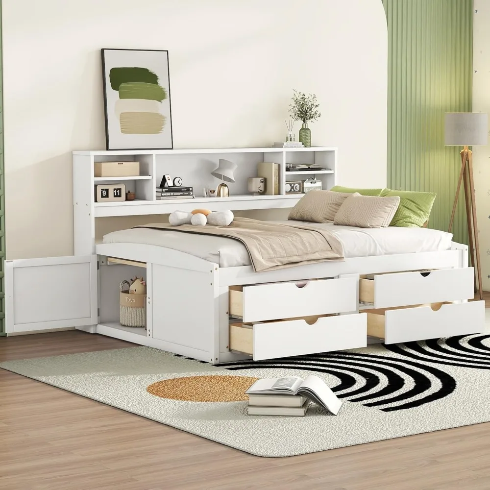 

Full Size Wood Daybed with 2 Bedside Cabinets, Elegant Captain's Bed Platform Bed Frame with Storage Headboard and 4 Drawers