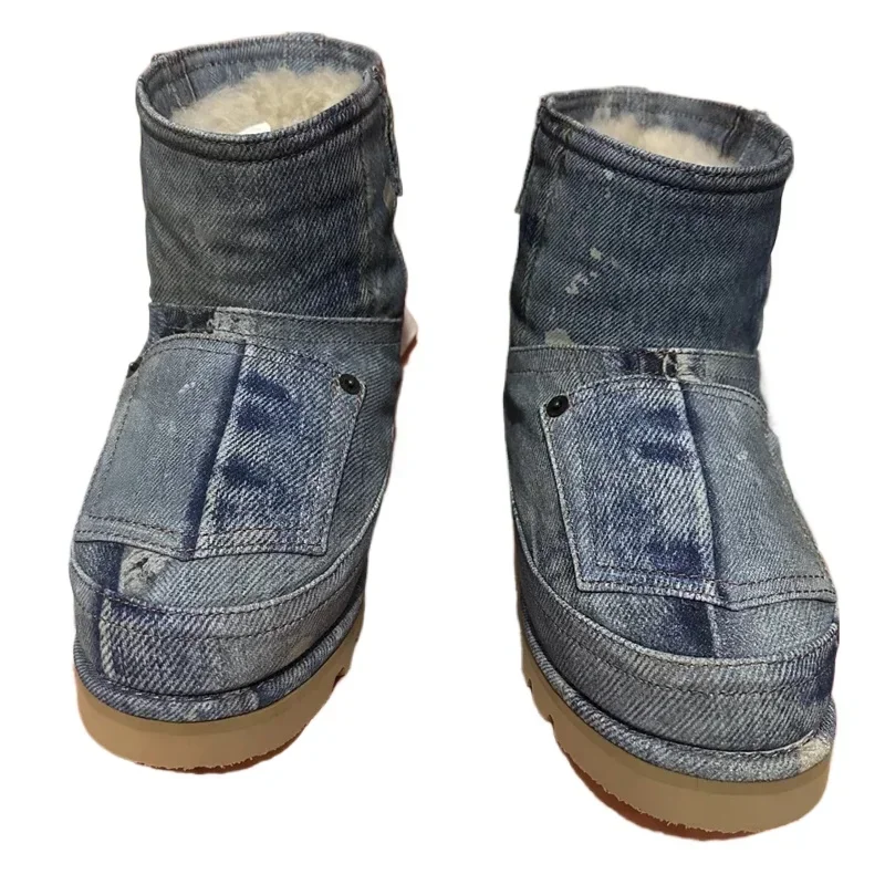 New Fashion Snow Boots Pocket Denim Round Toe Faux Fur Solid Warm Thick Soled Boots Women Designer Elastic Ankle Winter Boots