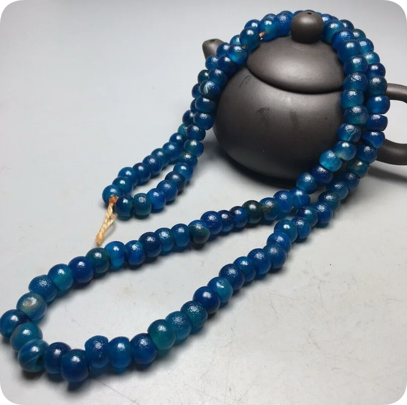 Power Energy Tibetan Natural Blue Old Agate Dzi Beads Necklace U726