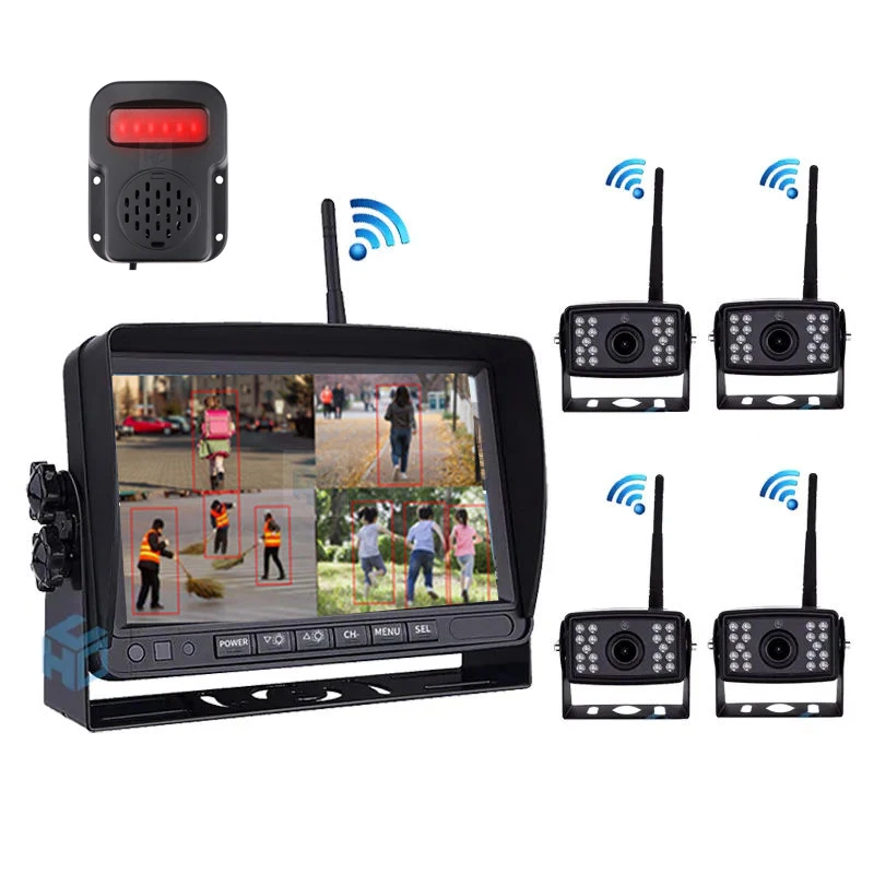 AHD Blind Spot Radar BSD Alarm DVR Recorder 7 Inch Wireless 4 Split Screen With 4PCS IR Wireless Camera For Truck Bus