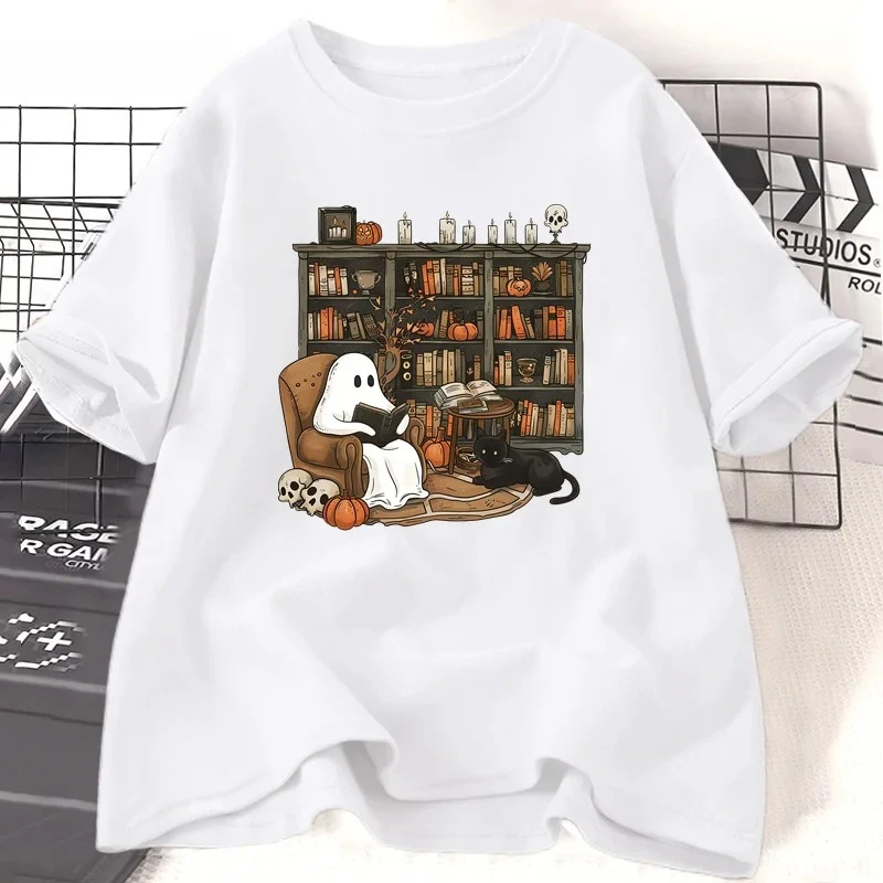 

Retro Ghost Reading Librarian T-shirt Halloween Teacher T-shirt Women's Boo School T-shirt Street Fashion Women's Clothing Y2K
