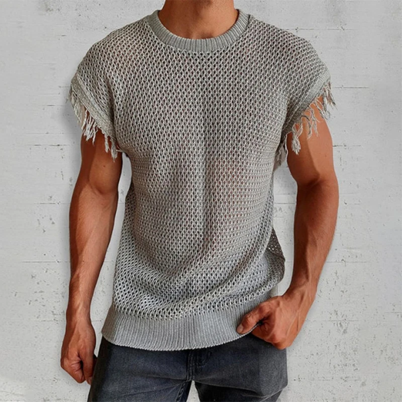 Streetwear Mens Mesh Knit T Shirt Fashion Hollow Out Ripped Design T-shirts Summer Vintage Short Sleeve O Neck Tees Men Clothes